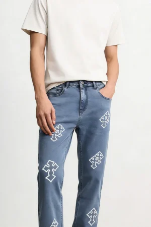 Men's Vintage Casual Washed Denim Blue Jeans with Embroidered Buttons, Formal Straight Fit for Autumn and Winter