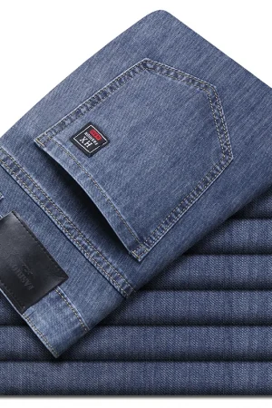 Summer New Elastic Men's Jeans Fashion Comfortable Business Straight Stretch Cotton Casual Denim Pants Brand Male Thin Trousers