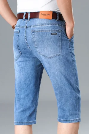 Summer Men's Thin Stretch Short Jeans Business Casual Blue Straight-leg Cotton Denim Calf-length Pants Male Brand Clothes