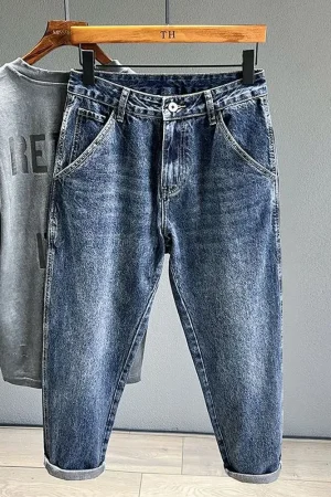 Korean Vintage Loose Tapered Men's Jeans Fashion High Street Drape Harem Pants Youth Hip Hop Streetwear Male Blue Denim Trousers