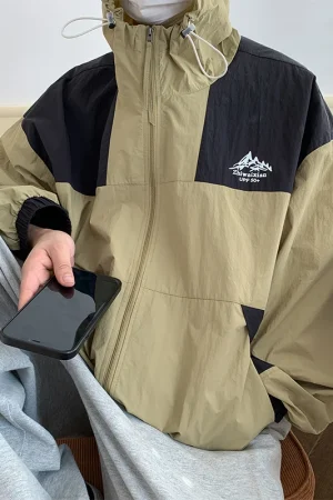 Outdoor Patchwork Hooded Sunscreen Coat Men Women Lightweight Coats for Running Camping Hiking Traveling UV Protection Jackets