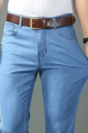 New Ice Silk Thin Denim Jeans For Men Blue Straight Stretch Cotton Pants Business Casual Lightweight Trousers Spring Summer