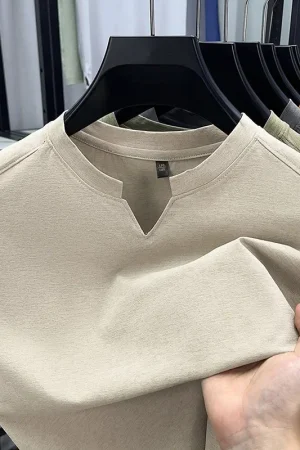 Korean Men's Casual and Fashionable Small V-neck Solid Color Short Sleeved T-shirt Comfortable Summer Versatile Top