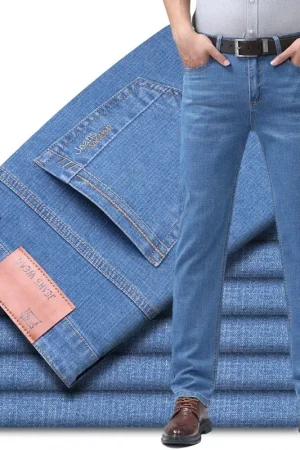Summer Light Blue Men's Comfort Soft Jeans Thin Straight Business Denim Pants Breathable Cotton Casual Stretch Work Trousers