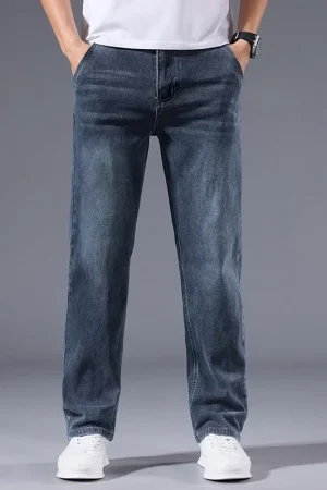 Men's loose straight leg jeans retro washed elastic casual pants suitable for all seasons versatile pants