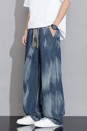 Men's Summer Straight Jeans Irregular Gradient Tie-dye Washed Cotton Denim Pants Wide Leg Y2K Baggy Jeans Trousers Big Size 8XL
