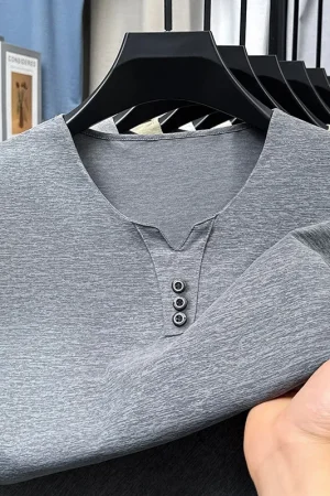 2025 New Men's Business Casual Three Button V-neck Short Sleeved T-shirt Korean Style Summer Comfortable Versatile Top
