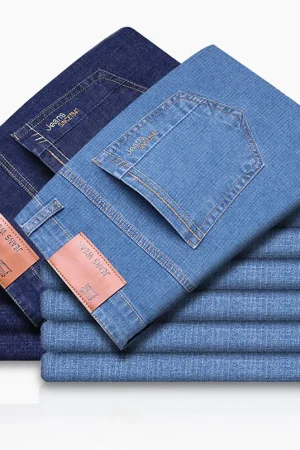 Summer Thin Men's Elastic Cotton Jeans Fashion Blue Comfortable Business Straight Casual Pants Brand Male Clothes Trousers