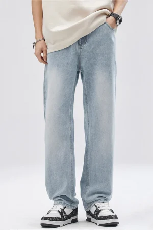 Spring Summer Men's Straight Jeans Korean Fashion Elastic Waist Wide Leg Baggy Denim Pants Casual Blue Jeans Trousers