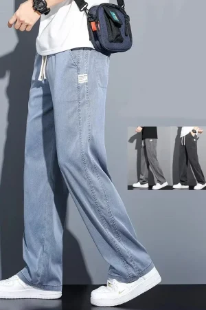 2025 New Summer Soft Lyocell Fabric Men's Jeans Thin Loose Straight Pants Drawstring Elastic Waist Korea Casual Trousers