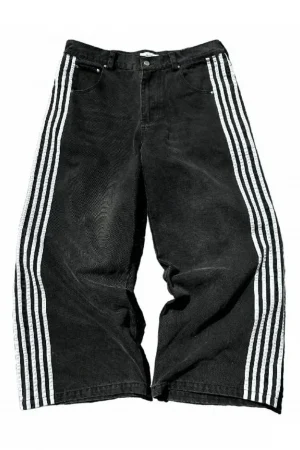 Summer Men Wide Leg Denim Pants Casual Stripe Print Loose Jeans Trousers for Streetwear Casual Comfy